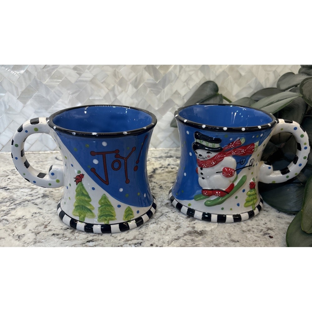 2 Large Temptations by Tara 3D Snowman Skiing Joy Coffee Mug Cup Christmas